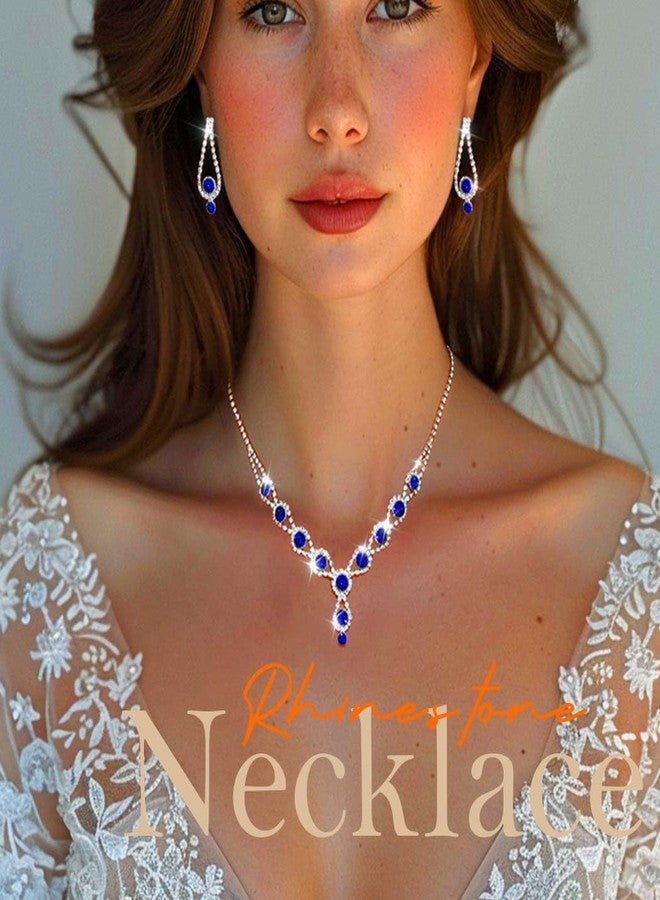 TWINKLEDE Royal Blue Rhinestone Necklace Jewelry Sets Sparkly Blue Necklaces Earrings and Bracelet for Women (Earrings & Necklace & Bracelet Set-Royal Blue) - Image 3